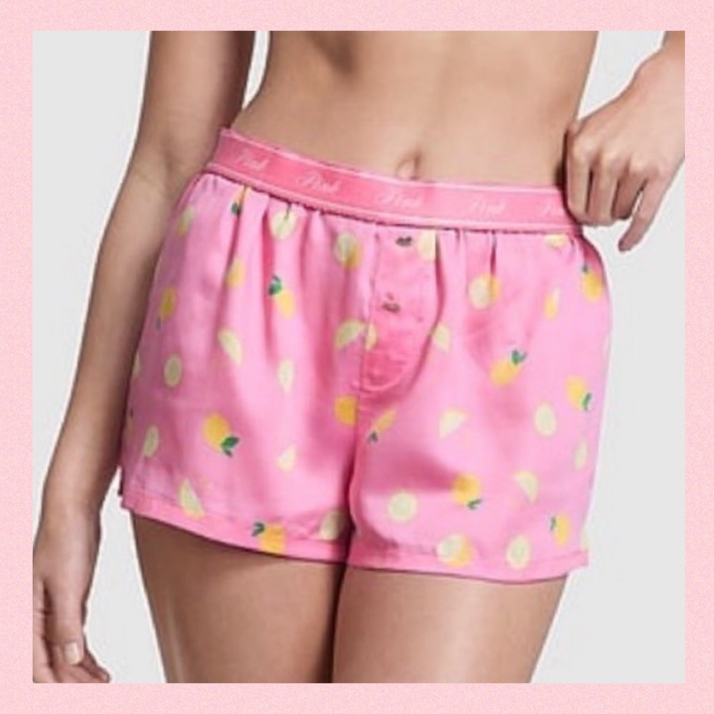 PINK Victoria’s Secret Silky Boxy Pajama Shorts Pink Lemons Size LARGE